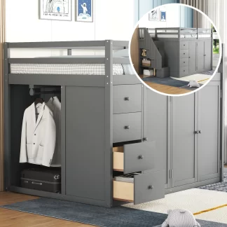Kumix Loft Bed Full Size, Wood Loft Bed with Built-in Wardrobes, Cabinets and Drawers, Storage Staircase for Kids Teens, Full Loft Bed Frame with Safety Guardrail for Bedroom, Noise-Free, Gray