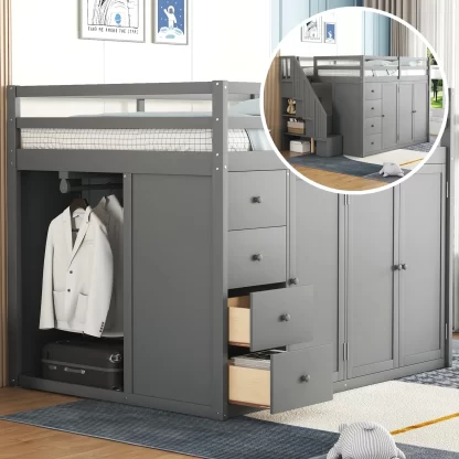 Kumix Loft Bed Full Size, Wood Loft Bed with Built-in Wardrobes, Cabinets and Drawers, Storage Staircase for Kids Teens, Full Loft Bed Frame with Safety Guardrail for Bedroom, Noise-Free, Gray