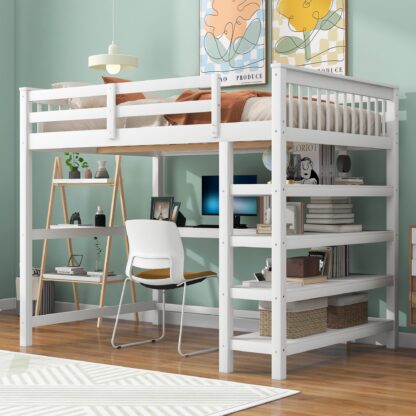 Kumix Loft Bed Full Size for Kids, Wood Loft Bed with Storage Shelves and Under-bed Desk, Full Length Guardrail and Ladder for Teens Adults, Heavy Duty Loft Bed Frame for Bedroom, Noise-Free, White