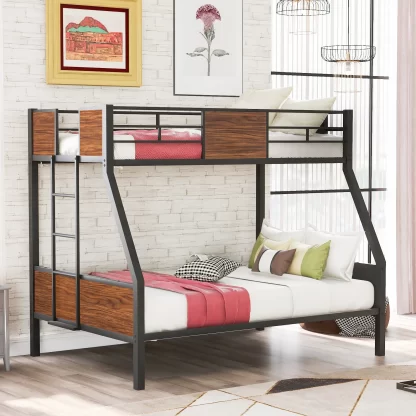 Kumix Bunk Bed Twin over Full, Metal Bunk Bed with Safety Rail, Built-in Ladder for Kids Teens Adults, Space-Saving Bunk Bed for Bedroom, Dom, Noise-Free, No Box Spring Needed, Black+Brown