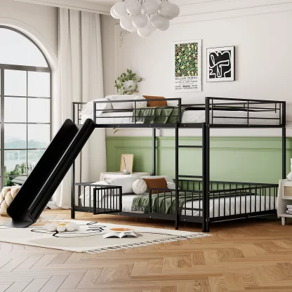 Kumix Metal Bunk Bed with Slide, Full over Full Bunk Bed for Kids Teens with Full Length Guardrail and Ladder, Low Bunk Bed for Bedroom, Dom, Noise-Free, No Box Spring Needed, Black