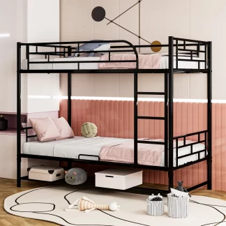 Kumix Bunk Bed Twin over Twin, Metal Bunk Bed with Shelf, Ladder and Full-Length Guardrails for Kids Teens, Heavy Duty Bunk Bed Frame for Bedroom, Dom, Noise-Free, Separate into 2 Twin Beds, Black