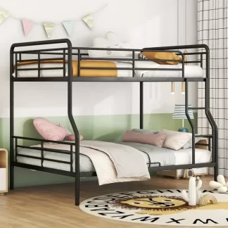 Kumix Full XL over Queen Bunk Bed, Metal Bunk Bed with Full Length Guardrail and Build-in Ladder for Kids Teens Adults, Heavy Duty Bunk Bed for Bedroom, Dom, Noise-Free, Under Bed Storage, Black