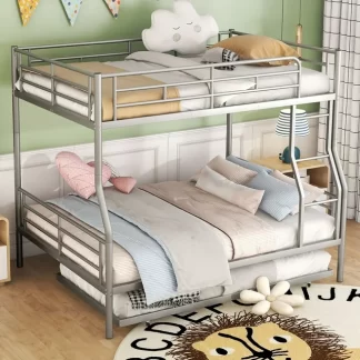 Kumix Bunk Bed with Trundle, Full XL over Queen Bunk Bed with Full Length Guardrail and Ladder for Kids Teens, Metal Bunk Bed Can Convertible into 2 Beds, 2 in 1 Bunk Bed, Noise-Free, Pink
