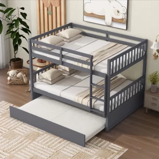 Kumix Wood Bunk Bed with Trundle, Full over Full Bunk Bed with Ladder and Guardrails for Kids, Teens, Gusts, Convertible to 2 Full Size Beds, with Twin Size Trundle, Easy Assembly, Drak Grey