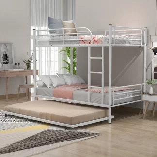 Kumix Bunk Bed with Trundle, Twin over Twin Bunk Bed Can Be Divided into Two Beds, Metal Bunk Bed with Full Length Guardrail and Ladder for Kids Adults, 3 in 1 Bunk Beds, Noise-Free, White