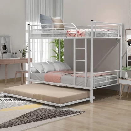 Kumix Bunk Bed with Trundle, Twin over Twin Bunk Bed Can Be Divided into Two Beds, Metal Bunk Bed with Full Length Guardrail and Ladder for Kids Adults, 3 in 1 Bunk Beds, Noise-Free, White