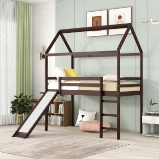 Kumix Loft Bed Twin with Slide, House Bed for Kids Teens Boys/Girls with Full Length Guardrail and Ladder, Wood Loft Bed Frame for Bedroom, Dorm, Space-Saving, No Box Spring Needed, Espresso