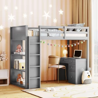 Kumix Loft Bed Twin Size, Wood Loft Bed with Desk, 3 Shelves, 4 Drawers Full Length Guardrail and Ladder for Kids Teens Adults, Space-Saving Loft Bed Frame for Bedroom, Noise-Free, Gray