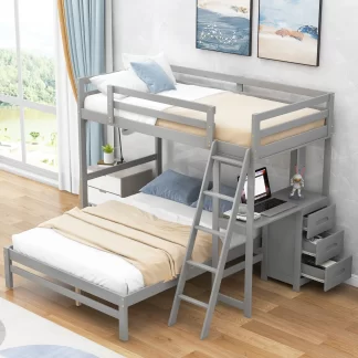 Kumix Bunk Bed with Desk, Twin over Full Bunk Bed with Drawers, Full Length Guardrail and Ladder for Kids Teens Adults, Wood Bunk Bed Can Convertible into 2 Beds, Noise-Free, Grey