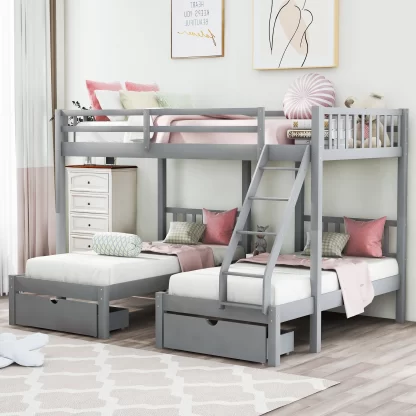 Kumix Triple Bunk Bed, Full over Twin and Twin Bunk Bed with Drawers and Safety Guardrails and Ladder for Kids Teens Adults, Wood Bunk Bed Can Convertible into 2 Beds, Noise-Free, Gray