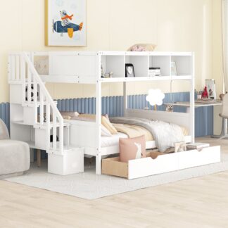 Kumix Twin over Full Bunk Bed, Wood Bunk Bed with Drawers, Shelves, Storage Staircase for Kids Teens Adults, Multi-Function Bunk Bed with Safety Guardrail for Bedroom, Noise-Free, White