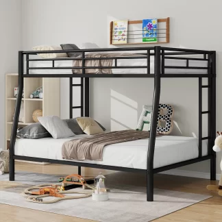 Kumix Full XL over Queen Bunk Bed, Metal Bunk Bed with Build-in Ladder and Safety Guardrails for Kids Teens Adults, Heavy Duty Bunk Bed for Bedroom, Dom, Under Bed Storage, Space-Saving, Black
