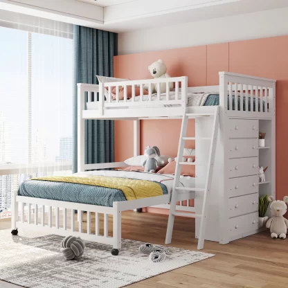 Kumix Twin over Full Bunk Bed, Wood Bunk Bed with Drawers, Flexible Shelves, Full Length Guardrail and Ladder for Kids Teens Adults, Heavy Duty Bunk Bed with Removable Bottom Bed, White