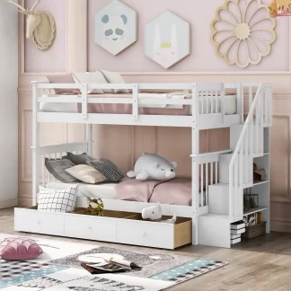 Kumix Bunk Bed with Drawers, Twin over Twin Bunk Bed with Storage Staircase Full Length Guardrail for Kids Teens Adults, Wood Bunk Bed Able to Split, Noise-Free, White