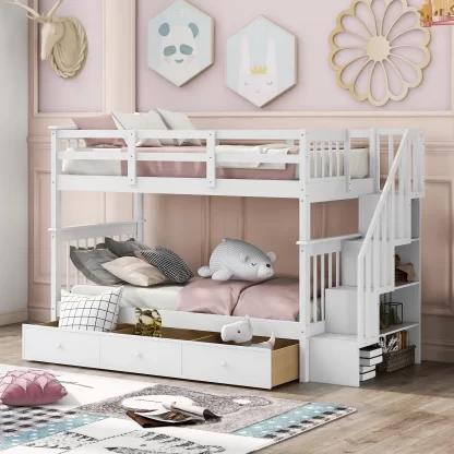 Kumix Bunk Bed with Drawers, Twin over Twin Bunk Bed with Storage Staircase Full Length Guardrail for Kids Teens Adults, Wood Bunk Bed Able to Split, Noise-Free, White