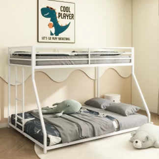 Kumix Twin over Full Bunk Bed, Metal Bunk Bed with Full Length Guardrail and Build-in Ladder for Kids Teens Adults, Low Bunk Bed for Bedroom, Dorm, Easy Climbing, Noise-Free, White