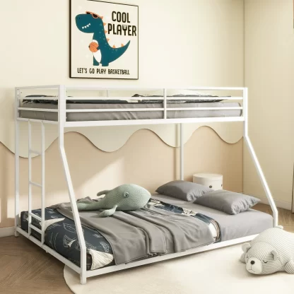 Kumix Twin over Full Bunk Bed, Metal Bunk Bed with Full Length Guardrail and Build-in Ladder for Kids Teens Adults, Low Bunk Bed for Bedroom, Dorm, Easy Climbing, Noise-Free, White