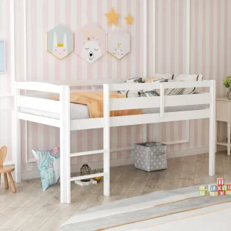 Kumix Twin Size Loft Bed, Wood Loft Bed with Full Length Guardrail and Build-in Ladder for Kids Teens Adults, Heavy Duty Loft Bed for Bedroom, Spacious Under Bed Space, Noise-Free, White