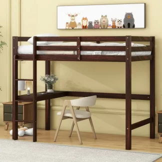 Kumix Loft Bed Twin Size with Desk, Wood Loft Bed with Full Length Guardrail and Build-in Ladder for Kids Teens Adults, Heavy Duty Loft Bed for Bedroom, Dorm, Noise-Free, Space-Saving, Espresso