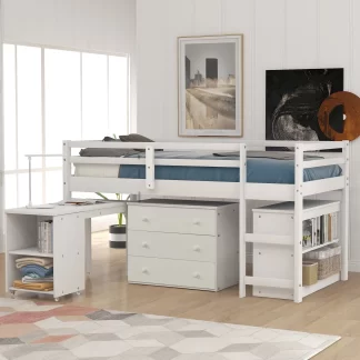 Kumix Loft Bed Twin Size, Low Loft Bed with Cabinet, Shelves Full Length Guardrail, Ladder and Rolling Portable Desk for Kids Teens Adults, Wood Loft Bed for Bedroom, Noise-Free, White