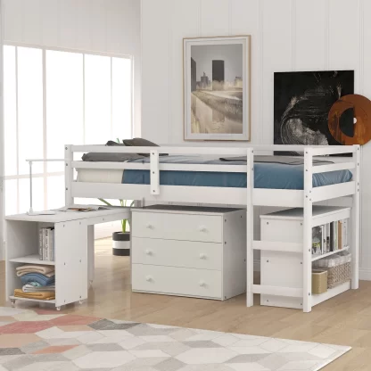 Kumix Loft Bed Twin Size, Low Loft Bed with Cabinet, Shelves Full Length Guardrail, Ladder and Rolling Portable Desk for Kids Teens Adults, Wood Loft Bed for Bedroom, Noise-Free, White