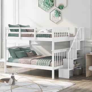 Kumix Full over Full Bunk Bed, Wood Bunk Bed with Storage Staircase, Full Length Guardrail for Kids Teens Adults, Heavy Duty Bunk Bed Frame Able to Split, 2 in 1 Bunk Bed, Noise-Free, White