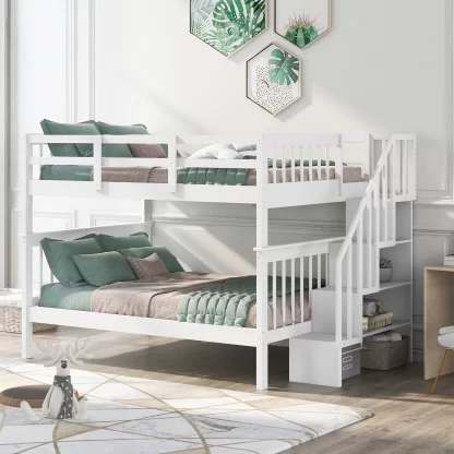 Kumix Full over Full Bunk Bed, Wood Bunk Bed with Storage Staircase, Full Length Guardrail for Kids Teens Adults, Heavy Duty Bunk Bed Frame Able to Split, 2 in 1 Bunk Bed, Noise-Free, White