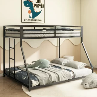 Kumix Twin over Full Bunk Bed, Metal Bunk Bed with Full Length Guardrail and Build-in Ladder for Kids Teens Adults, Low Bunk Bed for Bedroom, Dorm, Easy Climbing, Noise-Free, Black