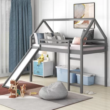 Kumix Twin Loft Bed with Slide, House Bed for Kids Teens Boys/Girls with Roof Full Length Guardrail and Ladder, Wood Loft Bed for Bedroom, Dorm, Space-Saving, No Box Spring Needed, Gray