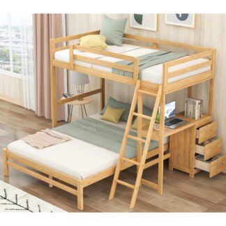 Kumix Bunk Bed with Desk, Twin over Full Bunk Bed with Drawers, Full Length Guardrail and Ladder for Kids Teens Adults, Wood Bunk Bed Can Convertible into 2 Beds, Noise-Free, Natural