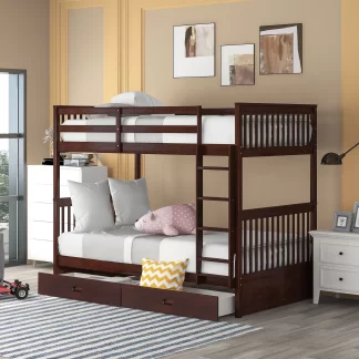 Kumix Bunk Bed with Drawers, Twin over Twin Bunk Bed with Full Length Guardrail and Build-in Ladder for Kids Teens Adults, Wood Bunk Bed Able to Split, 2 in 1 Bunk Beds, Noise-Free, Espresso