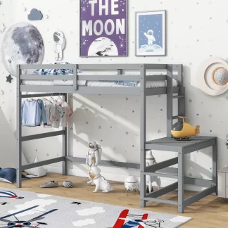 Kumix Loft Bed Twin Size, Wood Loft Bed with Ladder Landing Platform Full Length Guardrail and Ladders for Kids Teens Adults, Heavy Duty Loft Bed with Under Bed Storage, Noise-Free, Gray