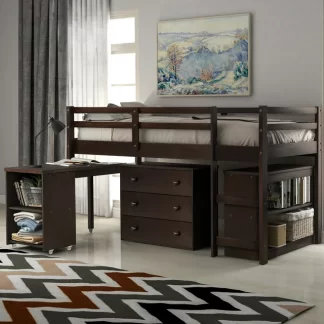 Kumix Loft Bed Twin Size, Low Loft Bed with Cabinet, Shelves Full Length Guardrail, Ladder and Rolling Portable Desk for Kids Teens Adults, Wood Loft Bed for Bedroom, Noise-Free, Espresso