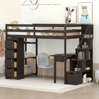 Kumix Loft Bed Twin Size with Desk, Wood Loft Bed with Storage Drawers, Shelves and Storage Stairs for Kids Teens Adults, Wooden Loft Bed Frame with Full Length Guardrail for Bedroom, Espresso