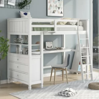 Kumix Loft Bed Twin Size, Wood Loft Bed with Drawers and Desk, Shelves, Full Length Guardrail, Ladder for Kids Teens Adults, Heavy Duty Loft Bed Frame for Bedroom, Space-Saving, White
