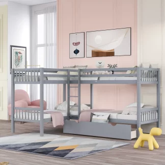 Kumix Quad Bunk Bed Twin over Twin, L-Shaped Bunk Bed for 4 with Build-in Ladder, Corner 4 Bunk Bed for Kids Teens Adults, 4 in 1 Bunk Beds, Space-Saving Wood Bunk Beds, Noise-Free, Grey