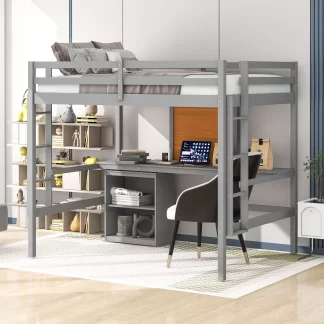 Kumix Full Size Loft Bed with Desk, Wood Loft Bed with Writing Board, Full Length Guardrail, Ladder and 2 Drawers Cabinet for Kids Teens Adults, Heavy Duty Loft Bed Frame for Bedroom, Gray