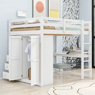 Kumix Loft Bed Full Size with Desk, Wood Loft Bed with Built-in Wardrobe, Storage Shelves and Drawers for Kids Teens Adults, Heavy Duty Loft Bed Frame for Bedroom, Dorm, Noise-Free, White