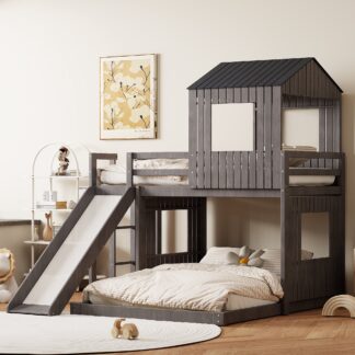 Kumix Bunk Bed with Slide for Kids, Twin over Full Bunk Bed for Boys/Girls with Full-Length Guardrails and Build-in Ladder, Wooden Bunk Bed for Bedroom, Dorm, 2 in 1 Bunk Bed, Noise-Free, Gray