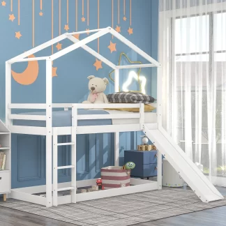 Kumix House Bunk Bed with Slide, Twin over Twin Bunk Bed with Full Length Guardrail and Ladder for Kids Teens, Wood Bunk Bed Frame for Bedroom, Dom, Low Bed for Toddler, Noise-Free, White