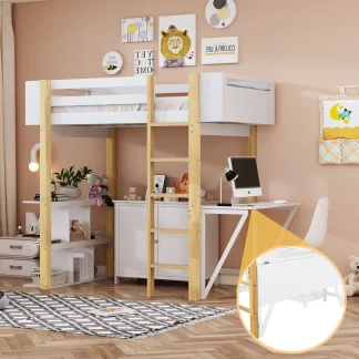 Kumix Loft Bed Twin Size, Wood Loft Bed with Built-in Storage Cabinet and Shelves, Foldable Desk for Kids Teens Adults, Heavy Duty Loft Bed with Safety Guardrail and Ladder for Bedroom, White