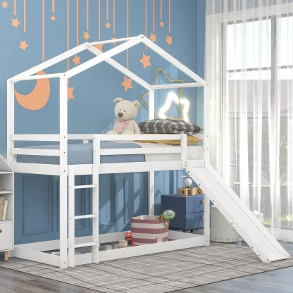 Kumix House Bunk Bed with Slide, Twin over Twin Bunk Bed with Full Length Guardrail and Ladder for Kids Teens, Wood Bunk Bed Frame for Bedroom, Dom, Low Bed for Toddler, Noise-Free, White