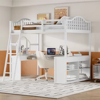 Kumix Loft Bed Full Size with Desk, Wood Loft Bed with Storage Compartments and Tri-fold Mirror for Kids Teens Adults, Heavy Duty Loft Bed for Bedroom, Dorm, Space-Saving, Easy Assembly, White