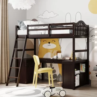 Kumix Loft Bed Twin Size, Wood Loft Bed with Drawers, Cabinet, Shelves and Desk for Kids Teens Aults, Space-Saving Loft Bed Frame with Safety Guardrail and Ladder for Bedroom, Noise-Free, Espresso