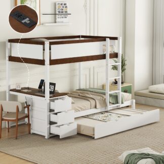 Kumix Bunk Bed with Trundle, Twin over Twin Bunk Bed with Desk, Drawers, USB Ports for Kids Teens Adults, Wood Bunk Bed with Safety Guardrail and Ladder for Bedroom, Noise-Free, White+Walnut