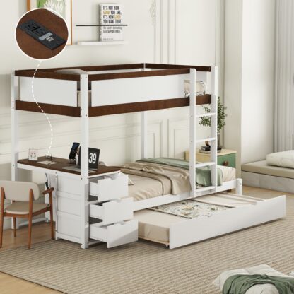 Kumix Bunk Bed with Trundle, Twin over Twin Bunk Bed with Desk, Drawers, USB Ports for Kids Teens Adults, Wood Bunk Bed with Safety Guardrail and Ladder for Bedroom, Noise-Free, White+Walnut