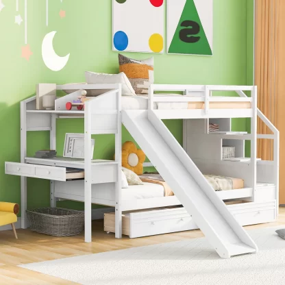 Kumix Bunk Bed with Slide, Twin over Twin Bunk Bed with Storage Staircase, Drawers, Desk and Shelves for Kids Teens Adults, Space-Saving Bunk Bed with Safety Guardrail, Noise-Free, White