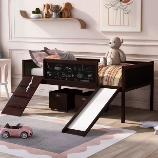 Kumix Twin Size Loft Bed with Slide, Wood Loft Bed with Two Storage Boxes, Climbing Frame & Rope, Blackboard and Safety Guardrail for Kids Teens Adults, Heavy Duty Loft Bed for Bedroom, Espresso