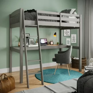 Kumix Loft Bed Full Size with Desk, Heavy Duty Wood Loft Bed with Storage, Full Length Guardrail and Inclined Ladder for Kids Teens Adults, Loft Bed Frame for Bedroom, No Box Spring Needed, Gray